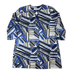 Kasper Jacket Blazer Blue Black Geometric Art Print 3/4‎ Sleeve One Button Sz 8